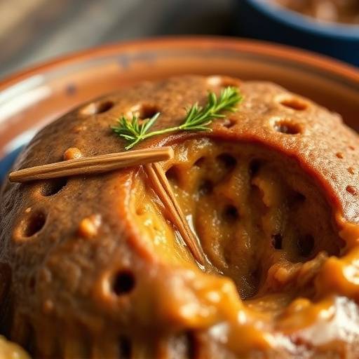 A close-up shot of Bobotie, a traditional South African dish, served in a ceramic bowl.