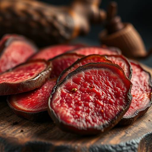 Biltong, dried, cured meat, similar to jerky but thicker and spiced differently.