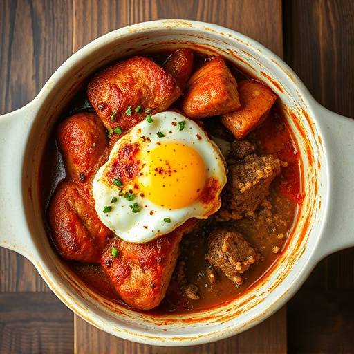 Bobotie, a traditional South African dish with spiced minced meat and an egg-based topping, served in a baking dish