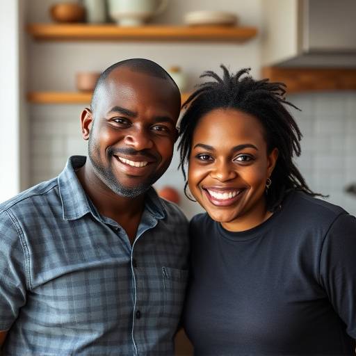 Thandiwe Mkhize and Johan van der Merwe, the founders of Savory Soul, smiling in their Cape Town kitchen.